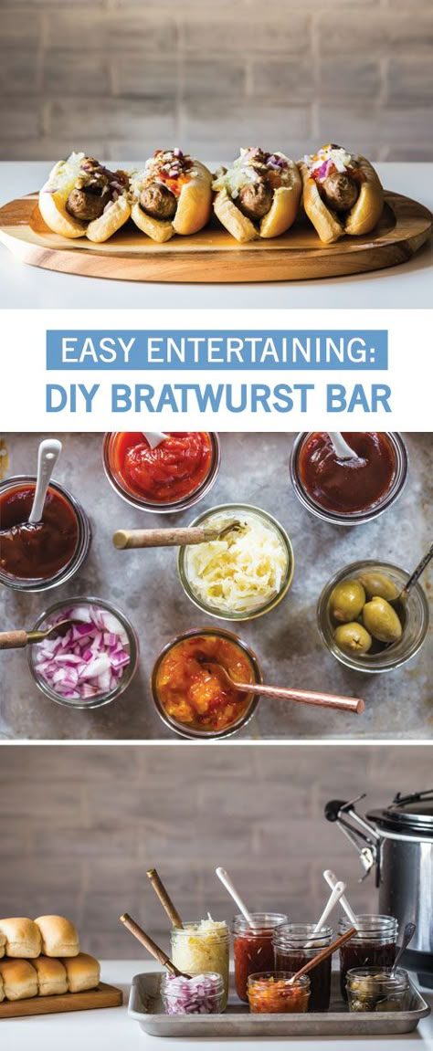 Have your guests customize their favorite summer dish with this easy entertaining idea! A DIY Bratwurst Bar is a great way to get everyone in on the food prep and having a little fun with their food. With such an easy setup, you’re sure to score big at your Memorial Day party with this build-your-own-brat bar. Bratwurst Bar, Brat Bar, Jelly Toast, Hot Dog Bar, Food Bars, Food Bar, Food Stations, Summer Dishes, Easy Entertaining