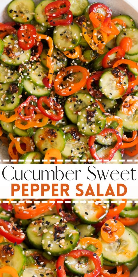 This Cucumber Sweet Pepper Salad is a viral TikTok sensation for good reason! Made with fresh cucumbers, sweet mini peppers, bagel seasoning, chili crunch, and ginger dressing … this crunchy, colorful salad is ready in 5 minutes. It is perfectly sweet, savory, and spicy! Enjoy this refreshing raw veggie dish as a side or a snack! Cucumber Banana Pepper Salad, Eating Healthier For Beginners, Viral Sweet Pepper And Cucumber Salad, Cucumber Mini Pepper Salad, Viral Pepper And Cucumber Salad, Cucumber Crunch Salad, Peppers And Cucumber Salad, Low Calorie Veggie Sides, Sweet Pepper Cucumber Salad