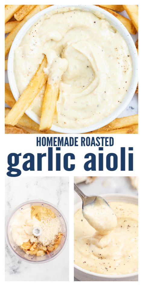 Ultra rich and creamy, this blended roasted garlic aioli will be your new favorite homemade condiment. Made with roasted garlic, dijon, parmesan, and a splash of lemon juice makes it perfect on top of your favorite sandwich or burger and great to dunk french fries into. #aiolirecipe #condiment #roastedgarlic #homemadeaioli #homemadesauce #homemademayo Easy Roasted Garlic, Garlic Aioli Recipe, Roasted Garlic Aioli, Vegetarian Dinner Ideas, Dinner Party Dishes, Aioli Recipe, Homemade Sauce Recipes, Impressive Dinner, Homemade Condiments