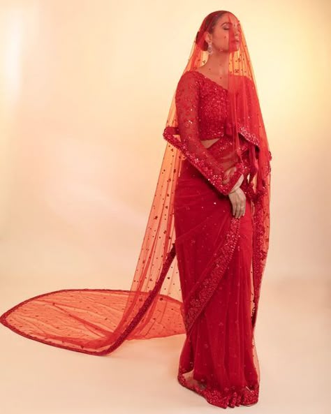 Festive Red Saree With Sheer Dupatta, Red Saree With Dupatta For Wedding, Red Saree With Sheer Dupatta For Party, Saree With Veil, Red Saree With Veil, Red Wedding Dress With Sheer Dupatta, Reception Dress Bride Indian, Embellished Saree, Red Veil