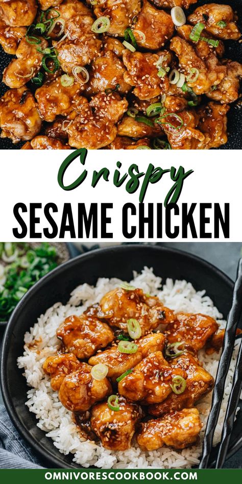 Learn how to make this better-than-takeout Crispy Sesame Chicken! My recipe shows you how to make restaurant-style crispy sesame chicken without a ton of sugar or deep frying. This will soon become a family favorite for busy weeknight dinners. Chicken And Rice Recipes Chinese, Chicken Asian Recipe, Japanese Chicken Recipes, Crispy Sesame Chicken Recipe, Chicken Delight Recipe, Chicken Stir Fry Recipes, Healthy Chinese Food, Asian Style Chicken, Crispy Sesame Chicken