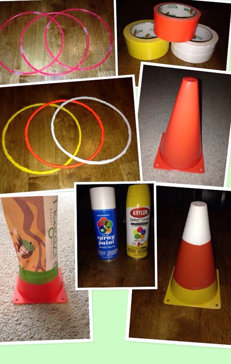 Halloween candy corn ring toss. Fun and simple to make. Supplies: •glow in the dark necklaces •white/yellow/orange duck tape •set of orange recreational cones •painters tape to mark off lines on cones •old newspaper to tape to cone with painters tape •white/yellow spray paints •box of 4" nails to use as stakes to hold cones down on the ground Candy Corn Toss Diy, Fall Ring Toss, Candy Corn Ring Toss Game Diy, Candy Corn Toss, Halloween Ring Toss, Candy Corn Ring Toss, Candy Corn Toss Game, Candy Corn Relay Race, Harvest Games Fall Festivals