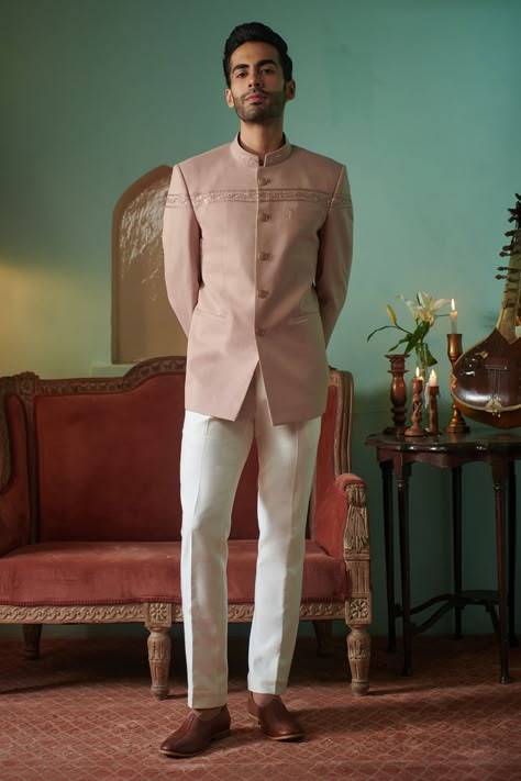 Shop for these amazing collections of Pink 100% Wool Embroidery Cutdana Roseate Bandhgala For Men by Philocaly online at Aza Fashions. Beige Bandhgala, Carnival Haldi, Jodhpuri Suits For Men Wedding, Western Outfits For Men, Indo Western Outfits For Men, Bandhgala For Men, Best Wedding Suits For Men, Marriage Outfit, Suit For Men Wedding