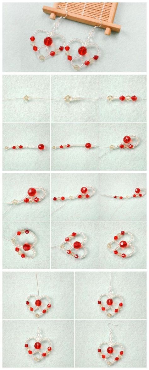 Diy Heart Earrings Beads, How To Make A Heart Bead Bracelet, Heart Bead Tutorial, How To Make Heart With Beads, Heart Bead Bracelet Tutorial, Heart Beads Tutorial, Bead Heart Tutorial, Diy Heart Earrings, Bead Earrings Diy Tutorials