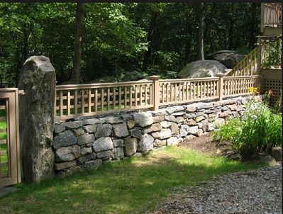 Wall Landscape Design, Rock Wall Fencing, Rock Wall Landscape, Landscape Design Portfolio, Stone Walls Garden, Wall Landscape, Garden Gates And Fencing, Easy Fence, Trellis Fence