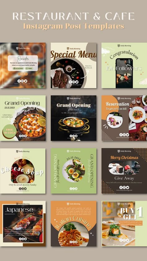 Social Media | RESTAURANT&CAFE INSTAGRAM POST TEMPLATES This is Veny Vanilla's Restaurant&Cafe Instagram Post Templates, which was created for small and medium business owners, social media managers, personal accounts, or anyone looking to synchronize and increase their social media feed using a color palette.Restaurant&Cafe Instagram Post Templates is an excellent helper in this regard! This template will assist you in matching and synchronizing your brand's style.🕹#Instergram_Posts_Ideas #Ins Instergram Posts Ideas, Instagram Post For Restaurant, Instagram Restaurant Ideas, Restaurant Instagram Feed Design, Cafe Instagram Post Ideas, Restaurant Instagram Ideas, Restaurant Social Media Post Ideas, Cafe Social Media Posts, Color Palette Restaurant