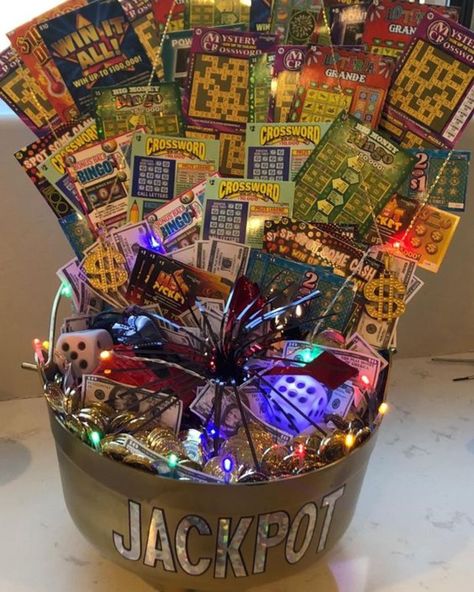 Winner Prize Ideas, Prize Winner Gift Ideas, Team Raffle Basket Ideas, Lottery Ticket Fundraiser, Lotto Ticket Raffle Ideas, Softball Basket Ideas, Jackpot Gift Basket, Gift Basket Tutorial How To Make, Lottery Raffle Basket