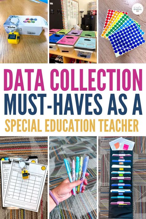 Data collection is essential for special education teachers. When building IEP goals, it is important to have data collection for special education students. I’m sharing my best teacher tips that are must haves for data collection. IEP goal bins, color coded folders, clipboards, and sticker dots help me stay organized. Data collection sheets help track the information. Timers, stopwatches, and highlighters are just some of the teacher school supplies to have. Learn more today! Early Childhood Special Education Classroom Setup, Iep Goal Bins, Special Education Bulletin Boards, Iep Data Tracking, Slp Crafts, Iep Data Collection, Testing Coordinator, Teacher School Supplies, Special Education Classroom Organization