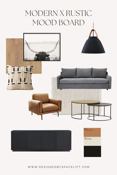 Rustic Mood Board, Rustic Industrial Living Room, Rustic Design Style, Masculine Living Rooms, Industrial Living Room, Modern Rustic Living Room, Modern Rustic Homes, Industrial Livingroom, Industrial Living