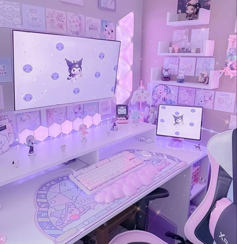 Aesthetic Room Decor Purple, Kuromi Desk Setup, Desk Ideas Purple, Pink And Purple Gaming Setup, Kuromi Pc Setup, Kuromi Bedroom Ideas, Kuromi Gaming Setup, Purple Desk Aesthetic, Desk Setup Purple