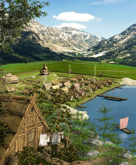 A 3D render of a historic Viking settlement in Norway Medieval Norway, Viking Buildings, Viking Town, Viking Settlement, Medieval Towns, Viking Aesthetic, Historical Viking, Viking Village, Fantasy Town