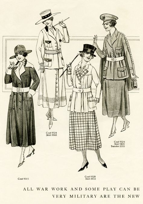 "This image is from The Delineator magazine, August 1917, when fashion was heavily influenced by the first world war." Ww1 Fashion, Wartime Fashion, 10s Fashion, Fashion 1910, 1910s Fashion, 1920 Fashion, 20th Century Fashion, Edwardian Fashion, Edwardian Era