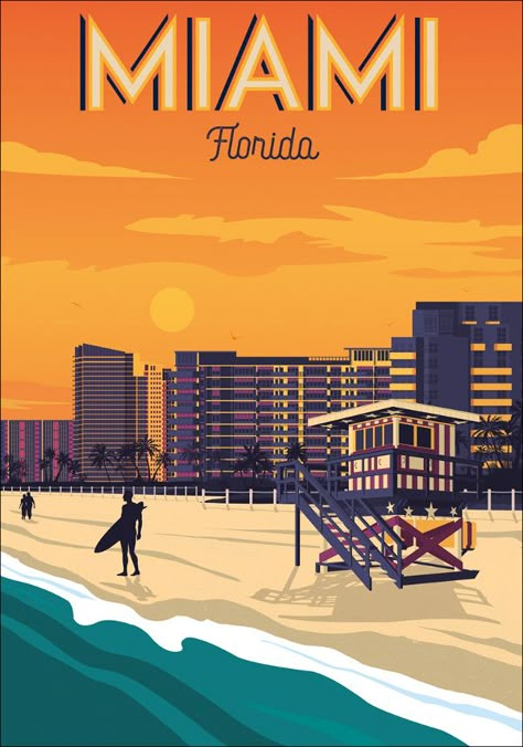 Miami Posters, City Posters, Posters Decor, Miami Travel, Vintage Poster Design, Retro Travel Poster, Art Deco Posters, Sunset Canvas, Travel Wall Art