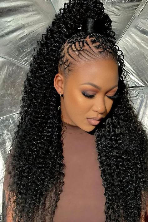 Front Braid Ponytail Two Braids In Front With Curly Hair Down, Braided Hair With Ponytail, Braided Ponytail With Wavy Hair, Latest Ponytail Hairstyles, Long Curly Ponytail Hairstyles, Braided Puff Hairstyles Black Women, Weave And Braids Hairstyles, Braided Ponytail Hairstyles With Jewels, Creative Braided Ponytails