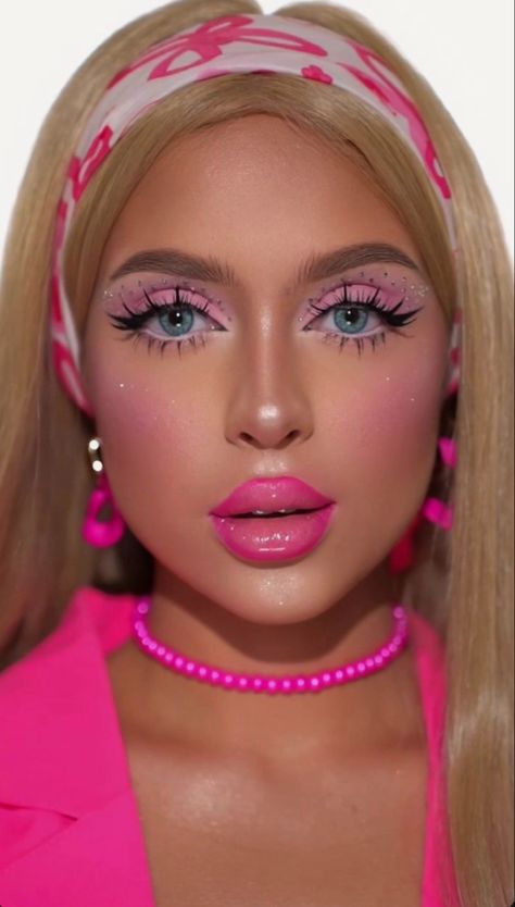 BARBIE MAKEUP INSPO Halloween Costumes Girl, Karneval Diy, Girl Halloween Makeup, Pink Halloween Costumes, Barbie Halloween Costume, Barbie Halloween, Barbie Makeup, Barbie Costume, Halloween Makeup Scary