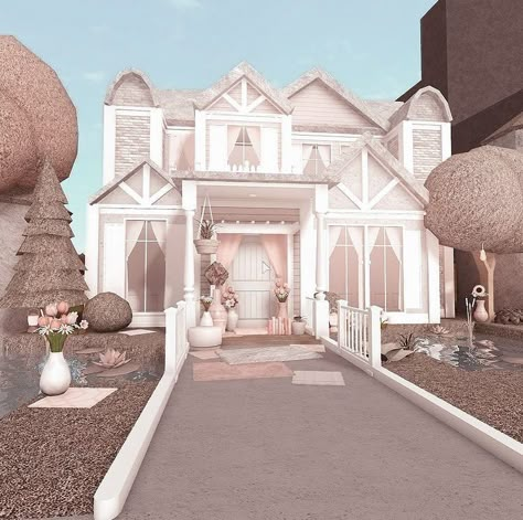 Coquette Blocksburg House, Bloxburg Aesthetic Houses, Reling Design, Blush House, Bloxburg Aesthetic, Aesthetic Bloxburg, Bloxburg Homes, Preppy House, Bloxburg Exterior