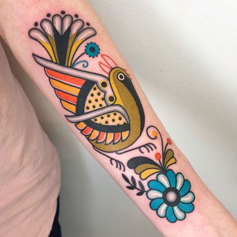 Folky bird from my flash based on a hand painted Mexican bookmark I found at the thrift store. (swipe to see more!) Thank you eternally… Folk Art Bird Tattoo, Folk Bird Tattoo, Knew Tattoos, Folk Art Tattoos, Tattoo Pols, Folk Art Tattoo, Folk Tattoo, Bird Design Tattoo, Folk Bird