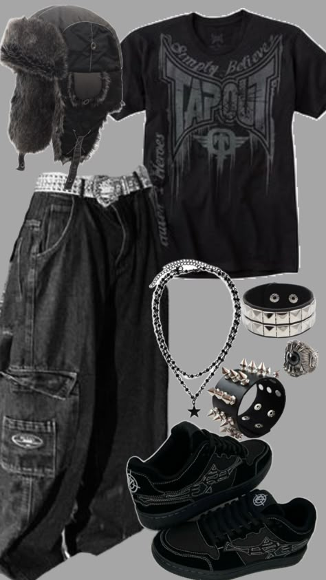 Slightly Emo Outfit, Emo Outfits Male 2000s, White Emo Outfit, Baggy Goth Outfit, Emo Mens Fashion, Drainer Style, Affliction Outfits, Metal Head Outfits, Grunge Streetwear Outfits