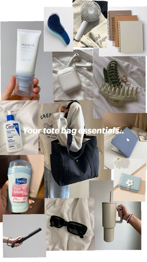 tote bag essentials | school | college | girls | aesthetic | blue | white | pinterest Bag Essentials School, College Bag Essentials, Tote Bag Essentials, College Tote Bag, Tote Bags For School, School Tote, Tote Bag Aesthetic, College Aesthetic, Girls Tote