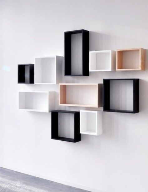 Floating Shelves Modern Living Rooms, Cube Shelf On Wall, Box Shelves Decor Cubes, Square Shelves Decor Cubes, Wall Boxes Decor Ideas, Book Shelf Design Wall, Box Shelving Ideas, Wall Cubes Ideas Decor, Fliating Shelves