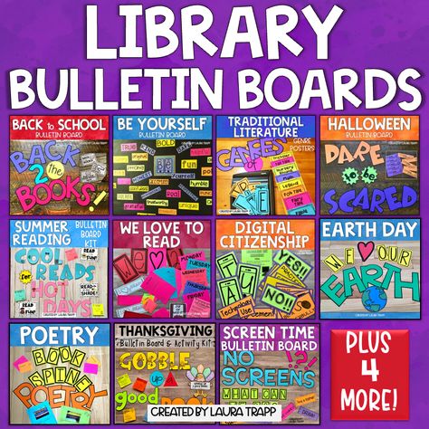 Make the Most of Your Library Bulletin Boards • The Trapped Librarian Reading Bulletin Boards Elementary, School Library Posters, Poetry Bulletin Board, School Library Book Displays, Library Decor Ideas, Book Bulletin Board, School Library Bulletin Boards, Library Bulletin Board Ideas, Elementary School Ideas