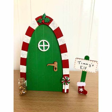 elf-door Christmas Decor Shelf Ideas, Elf House Ideas, Elf On Shelf Door, Elf Door Ideas, Elf On The Shelf Door Decoration, Diy Elf Door, Door Ideas Bedroom, Elf Door Diy, Christmas Elf Decorations