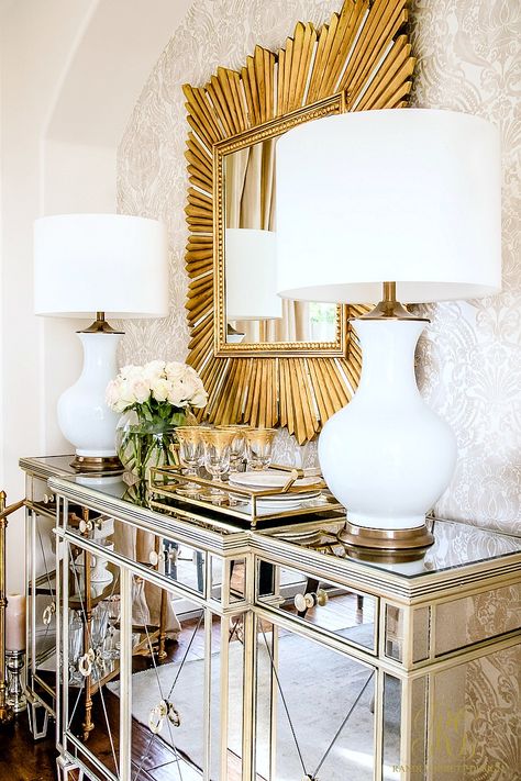 Glam Dining Room, Glam Dining, Transitional Dining Room, Transitional Dining, Transitional Furniture, Glam Living Room, Mirror On The Wall, Transitional Living Rooms, Transitional House