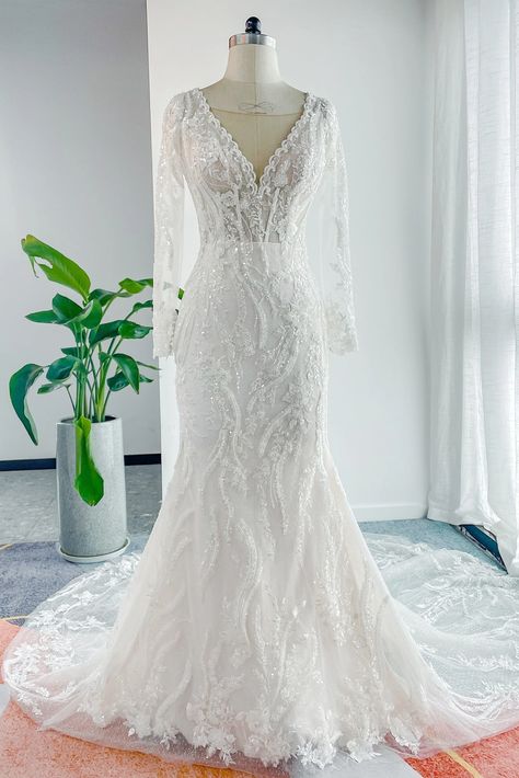 Trumpet-Mermaid Chapel Train Lace Tulle Wedding Dress CW3141 Lace Tulle Wedding Dress, Trumpet Wedding Gown, Customizable Wedding Dress, Elegant Wedding Venues, Bridesmaid Dresses Formal, Beaded Neckline, Dresses Bridesmaid, Chapel Train, Wedding Mood