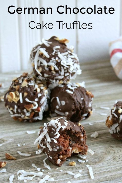 German Chocolate Cake Truffles Recipe #truffles #caketruffles #recipe #germanchocolate #germanchocolatecake #chocolatecake #chocolatetruffles #dessert #partyfood #partydessert Chocolate Cake Truffles, Cake Truffles Recipe, Cake Pop Recipes, Coconut Pecan Frosting, Oktoberfest Food, Truffles Recipe, Coconut Desserts, German Chocolate Cake, Truffle Recipe