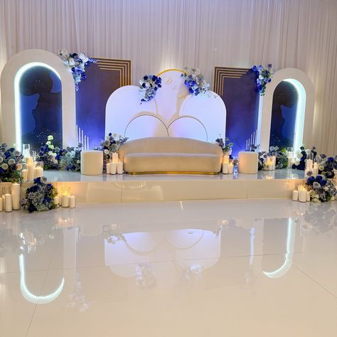 Ending the wedding festivities in style with a breathtaking navy blue and white themed reception. An evening to remember for our special couple. Styling, decor, florals and set up by @museweddingsandevents Candles by @rosewood.candles Venue @novellaonthepark White Wedding Decorations, Wedding Festivities, Wedding Stage Decorations, Navy Blue Wedding, Stage Decorations, Wedding Stage, Muslim Wedding, White Decor, Blue Wedding