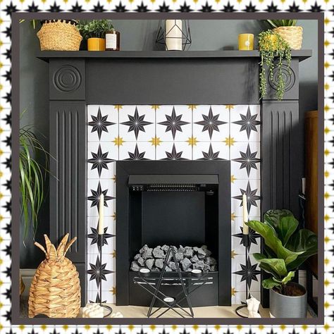 Bathroom Wall Coverings, Star Tiles, Adhesive Floor Tiles, Star Tile, Paint Fireplace, Black Fireplace, Fire Surround, Wall Vinyl, Fireplace Makeover