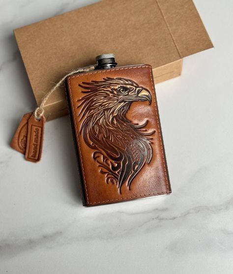 Eagle engraved leather flask for men Drink barware for men Whiskey flask Bourbon alcohol gifts Mens gift Christmas gifts for him by UkrLeatherStore on Etsy Miniature Alcohol Bottles, Whiskey Flask, Refillable Leather Journals, Womens Gifts, Astrology Gifts, Birthday Gifts For Him, Leather Flask, Leather Glasses Case, Leather Journal Cover