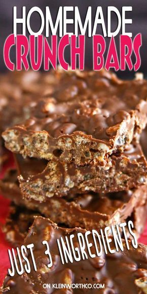 Homemade Crunch Bars, Crunch Bars Recipe, Homemade Candy Bars, 3 Ingredient Desserts, Crunch Bars, Crunchy Chocolate, Crunch Bar, 3 Ingredient Recipes, Chocolate Crunch