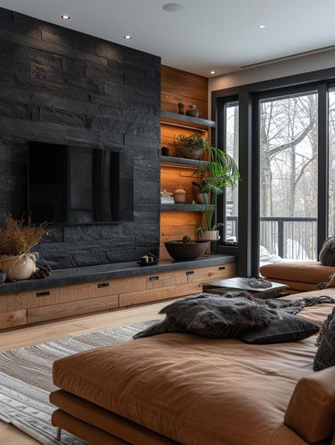 Black Stone Wall Living Room, Wood Black And Grey Living Room, Dark Wood Aesthetic Living Room, Dark Wall In Living Room, Dark Color Basement Ideas, Black Wall Interior Design, Tv Stone Wall Design, Black Wall Tv Living Room, Dark Living Room Decor Ideas