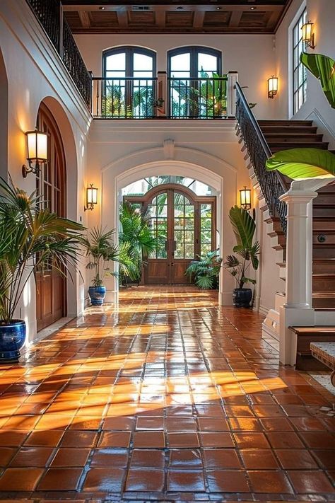 Spanish House Entrance, Spanish Mediterranean Exterior, Spanish House Architecture, Old Spanish Style Homes Interior, Old House Entrance, Spanish Colonial Style Homes Exterior, Spanish Hallway, Colonial Homes Exterior, House On Pillars