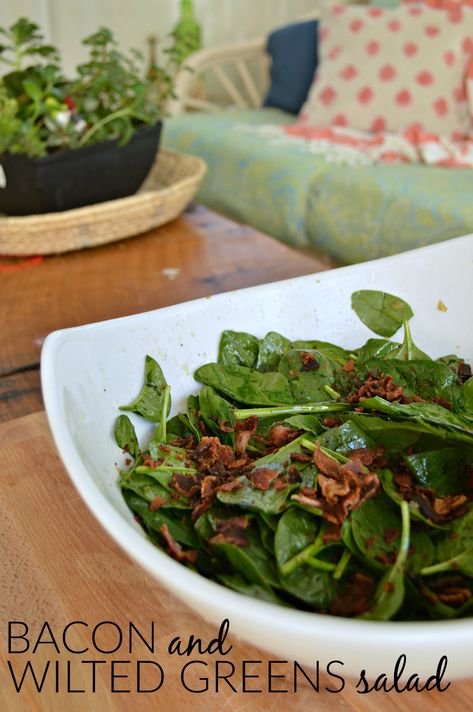 If you have been reading Mad in Crafts for a while, you know how I like to make German food.  This bacon and wilted greens salad is one of my favorites, but I don't make it nearly enough.  It has the delicious flavors of bacon, onion, and vinegar that you find so often in German food, but over a bed of fresh spinach. Wilted Spinach Salad, Wilted Greens, Quick Recipes Easy, Make Bacon, Bacon Dressing, Mason Jar Salads, Greens Salad, Cheesy Potato Casserole, Jar Salads