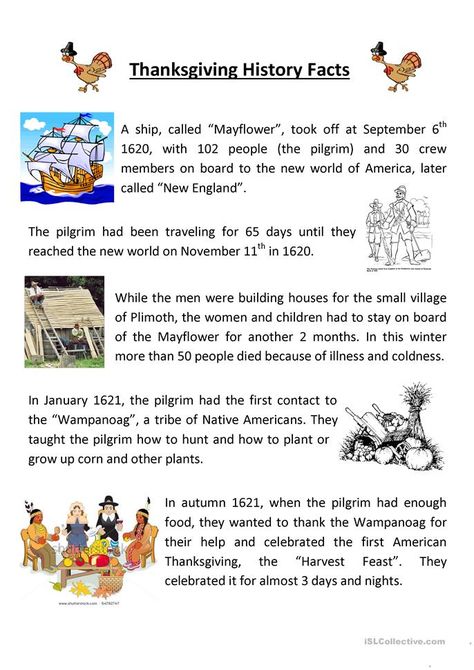 Teaching Thanksgiving History - English ESL Worksheets Thanksgiving History Facts, Esl Thanksgiving, Thanksgiving Elementary, Thanksgiving Reading Comprehension, Homeschool Thanksgiving, History Of Thanksgiving, Thanksgiving Readings, Teaching Thanksgiving, Thanksgiving History