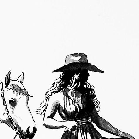 Cowgirl Drawing Aesthetic, Cowgirl And Horse Drawing, Yallternative Art, Cowboy Drawing Easy, Ranch Drawing, Cowgirl Sketch, Cowgirl Drawing, Western Sketches, Country Drawings