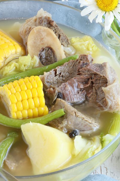 Nilagang Baka is a Filipino beef soup cooked until the meat is really tender and with vegetables like potatoes, beans and cabbage that makes this simple soup healthy and flavorful. | www.foxyfolksy.com Philippines Spaghetti, Beef Nilaga Recipe, Nilaga Recipe, Filipino Soup Recipes, Ground Beef Soup, Best Cauliflower Recipe, Soup With Vegetables, Easy Filipino Recipes, Foxy Folksy