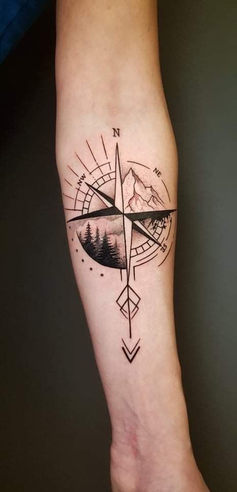 Compass Mountains Tattoo, Clock And Mountain Tattoo, Tree Compass Tattoo Ideas, Compass Tree Tattoo Design, Country Forearm Tattoos For Women, Finding Your Way Tattoo, Mountains Compass Tattoo, Nautical Geometric Tattoo, Forearm Tattoo Men Compass Ideas