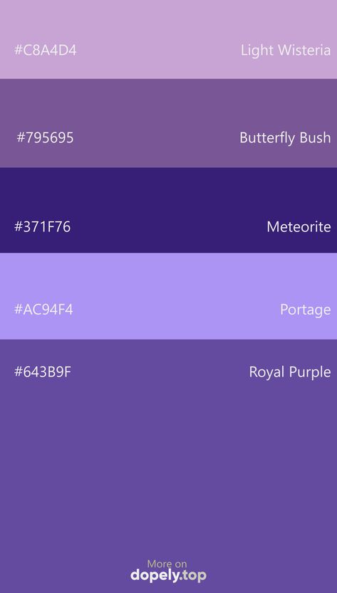 Color Palette inspiration with these hex codes: #C8A4D4 #795695 #371F76 #AC94F4 #643B9F #dopely #colorpalette #purple Purple Pallete Color Code, Purple Color Palette Canva, Goodnotes Color Palette Purple, Purple Hex Codes Colour Palettes, Canva Purple Palette, Purple Colour Palette Hex Codes, Color Palette For Purple, Hex Color Palette Purple, Pastel Purple Colour Palette