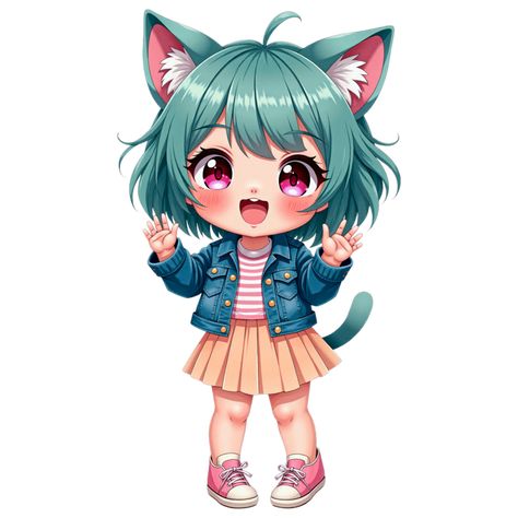 Happy Chibi Cat Girl with Green Hair and Denim Jacket Happy Chibi, Girl With Green Hair, Anime Clipart, Green Hair Girl, Chibi Cat, Chibi Girl, Wedding People, Logo Banners, Cityscape Photos