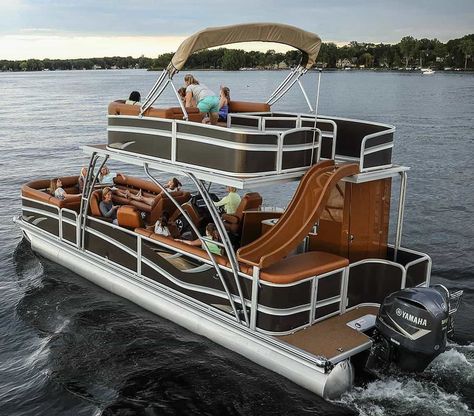 Party Barge Pontoon Boats, Pontoon Boats Ideas, Tritoon Pontoon Boats, Diy Pontoon Boat Remodel, Pontoon Makeover Ideas, Pontoon Boat Makeover Diy, Pontoon Boat With Slide, Diy Pontoon Boat, Pontoon Boat Decor