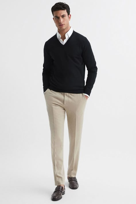 Shirt Under A Sweater: How To Get It Right (21 Outfits) Black And Tan Outfit Men, Beige Classic Pants Outfit, Beige Pants Outfit Men Formal, Brown Penny Loafers Men Outfit, Mens Brown Pants Outfit, Beige Pants Outfit Men, Shirt Under Sweater Outfit, Penny Loafers Men Outfit, Beige Sweater Outfit