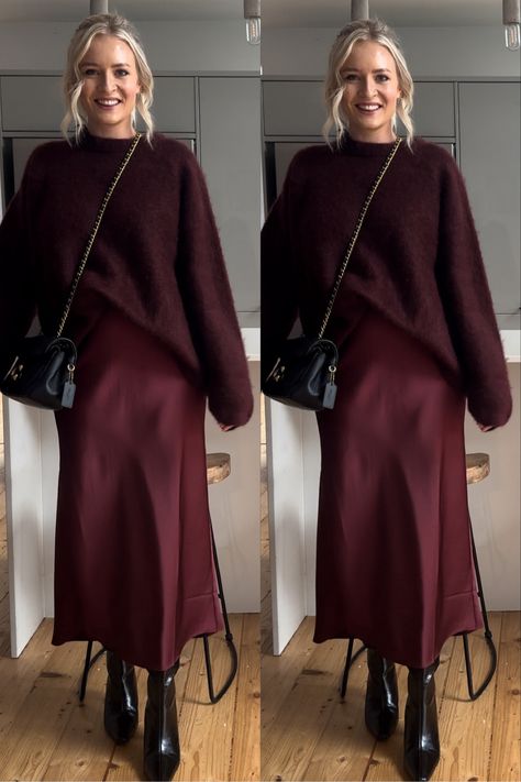 Classy Women Outfits Winter, Gold Skirt Christmas Outfit, Christmas Colors Outfit Ideas For Women, Monochrome Satin Skirt Outfit, Lavender Slip Dress Outfit, Color Blocking Outfits Fall, Burgundy Pleated Skirt Outfits Winter, Styling Silk Skirt Winter, Christmas Velvet Outfit