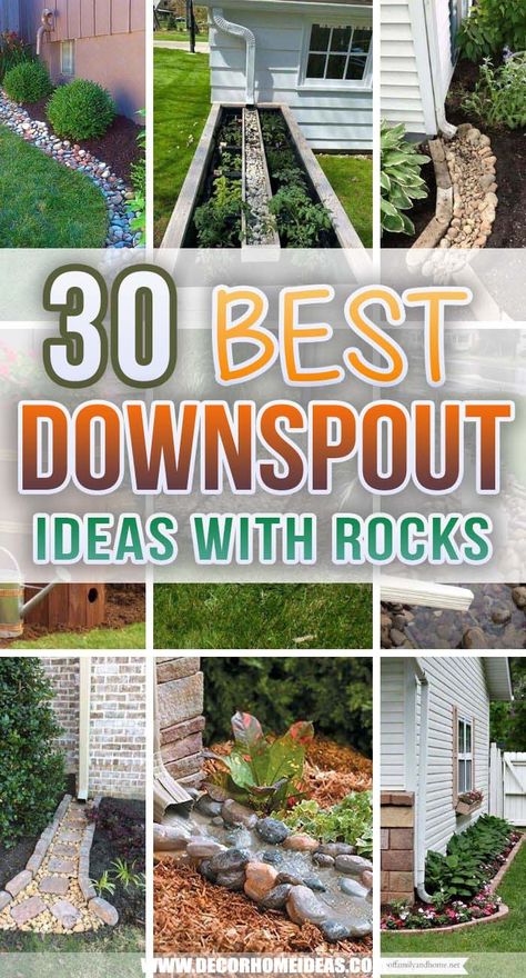 30 Best Downspout Ideas With Rocks To Beautify Your Landscape | Decor Home Ideas Downspout Garden Flower Beds, Eavestrough Garden Ideas, Downspout Rock Garden, Rock Beds Around House Side, Things To Do With Rocks In Yard, Outside Decorations Ideas, Down Spout Garden Ideas, Side Yard Slope Landscaping Ideas, How To Separate Front Yard From Neighbors