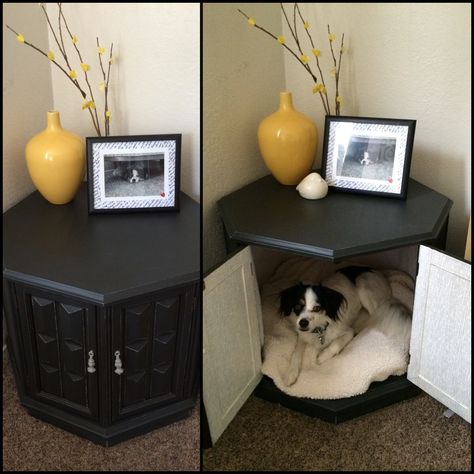 Nailed it! Octagon side table dog nook. Pet furniture. Side Table Pet Bed, End Table To Dog Bed, Octagon Table Makeover, Octagon Side Table Makeover, Octagon End Table Makeover, Hexagon Side Table Makeover, Hexagon Table Makeover, Repurposed Side Table, Table Dog Bed