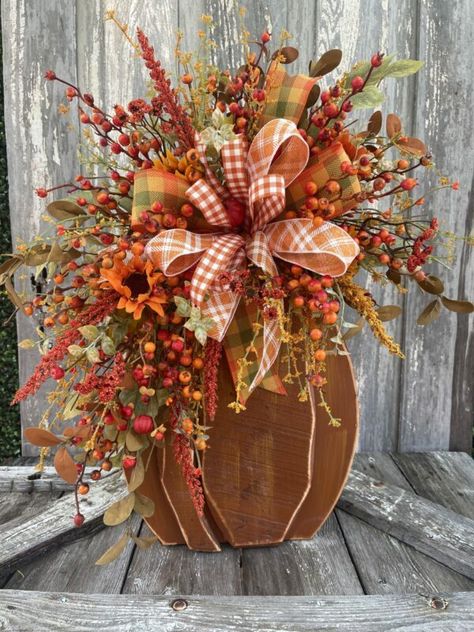 Wood Pumpkin Arrangement Kit Finished Fall Decor Diy Crafts, Pumpkin Arrangements, Fall Orange, Halloween Centerpiece, Fall Floral Arrangements, Fall Arrangements, Fall Ribbons, Wood Pumpkins, Fall Thanksgiving Decor