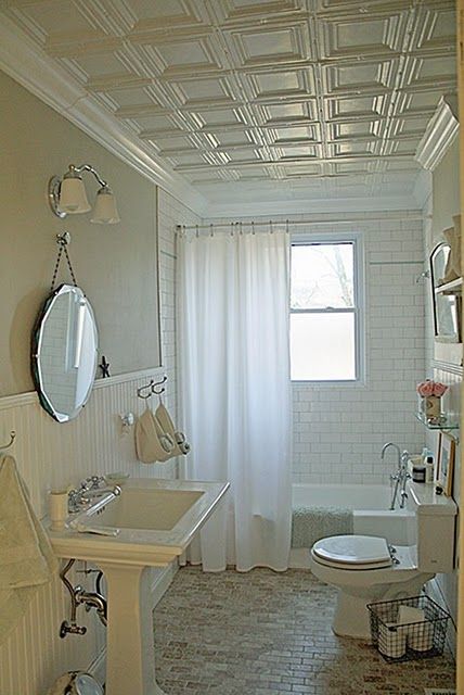 i love the idea of a tin ceiling and crown molding in the bathroom...good way to brighten up the hall baths that don't have windows Ceiling Tiles Bathroom, Beadboard Bathroom, Toilet Sink, Tin Ceiling Tiles, Bathroom Ceiling, Tin Ceiling, Ceiling Tile, Bathroom Redo, Ceiling Tiles