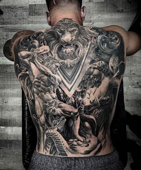 Greek Back Piece Tattoo, Full Back Tattoo For Men Design, Full Back Tattoo For Men Ideas, Back Sleeve Tattoo, Greek Back Tattoo, Back Tattoos For Guys Full, Fullback Tattoo Design, Full Back Tattoos For Men, Back Piece Tattoo Men